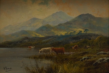 H. James, pair of oils on board, Highland scenes, 23 x 33cm. Condition - fair